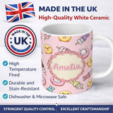 Personalized Custom Name Cute Bunny Ice Cream Donut Chick Kawaii Seamless Pattern Blush 11oz Ceramic Coffee Tea Mug White Large Handle