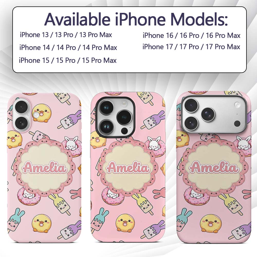 Cute Bunny Ice Cream Donut Chick Kawaii Seamless Custom Name Protective Phone Case Mobile Cover Durable Everyday Smartphone Shock Resistant