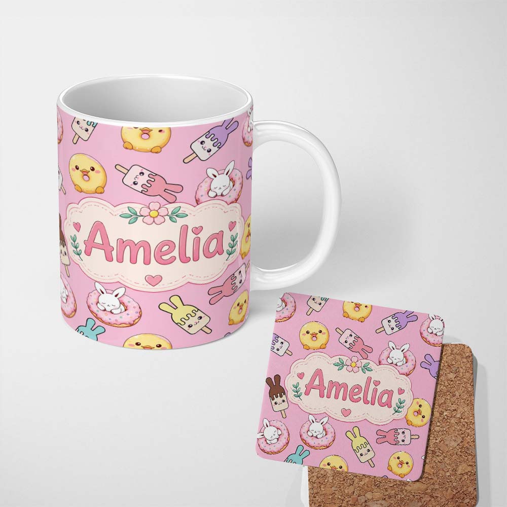 Personalized Custom Name Cute Bunny Ice Cream Donut Chick Kawaii Seamless Pattern Pink 11oz Ceramic Coffee Tea Mug White Large Handle
