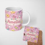 Personalized Custom Name Cute Bunny Ice Cream Donut Chick Kawaii Seamless Pattern Pink 11oz Ceramic Coffee Tea Mug White Large Handle