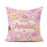 Custom Name Cute Bunny Ice Cream Donut Chick Kawaii Pattern Pink Square Filled Cushion Throw Pillow Sofa Bed Home Decor Zip Washable UK Made