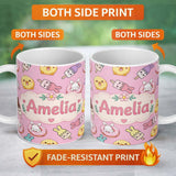 Personalized Custom Name Cute Bunny Ice Cream Donut Chick Kawaii Seamless Pattern Pink 11oz Ceramic Coffee Tea Mug White Large Handle