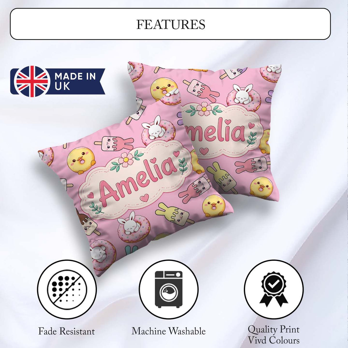 Custom Name Cute Bunny Ice Cream Donut Chick Kawaii Pattern Pink Square Filled Cushion Throw Pillow Sofa Bed Home Decor Zip Washable UK Made