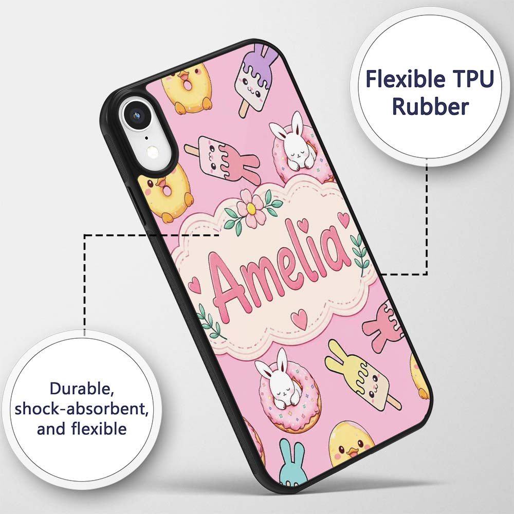 Cute Bunny Ice Cream Donut Chick Kawaii Seamless Custom Name Protective Phone Case Mobile Cover Durable Everyday Smartphone Shock Resistant
