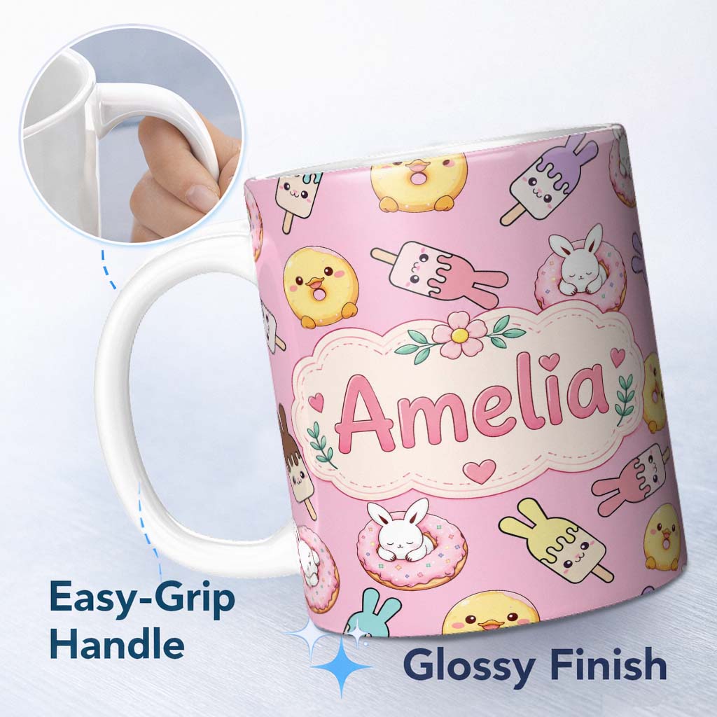 Personalized Custom Name Cute Bunny Ice Cream Donut Chick Kawaii Seamless Pattern Pink 11oz Ceramic Coffee Tea Mug White Large Handle