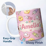 Personalized Custom Name Cute Bunny Ice Cream Donut Chick Kawaii Seamless Pattern Pink 11oz Ceramic Coffee Tea Mug White Large Handle