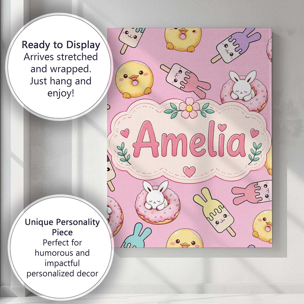 Personalised Name Cute Bunny Ice Cream Custom  Modern Room Accent Elegant Feature Canvas Wall Art Print Decor Picture Ready to Hang