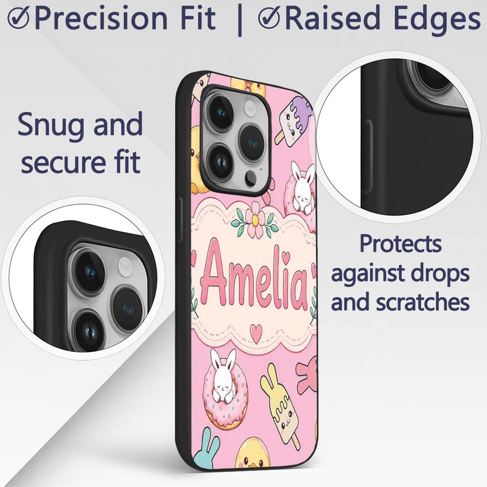 Cute Bunny Ice Cream Donut Chick Kawaii Seamless Custom Name Protective Phone Case Mobile Cover Durable Everyday Smartphone Shock Resistant