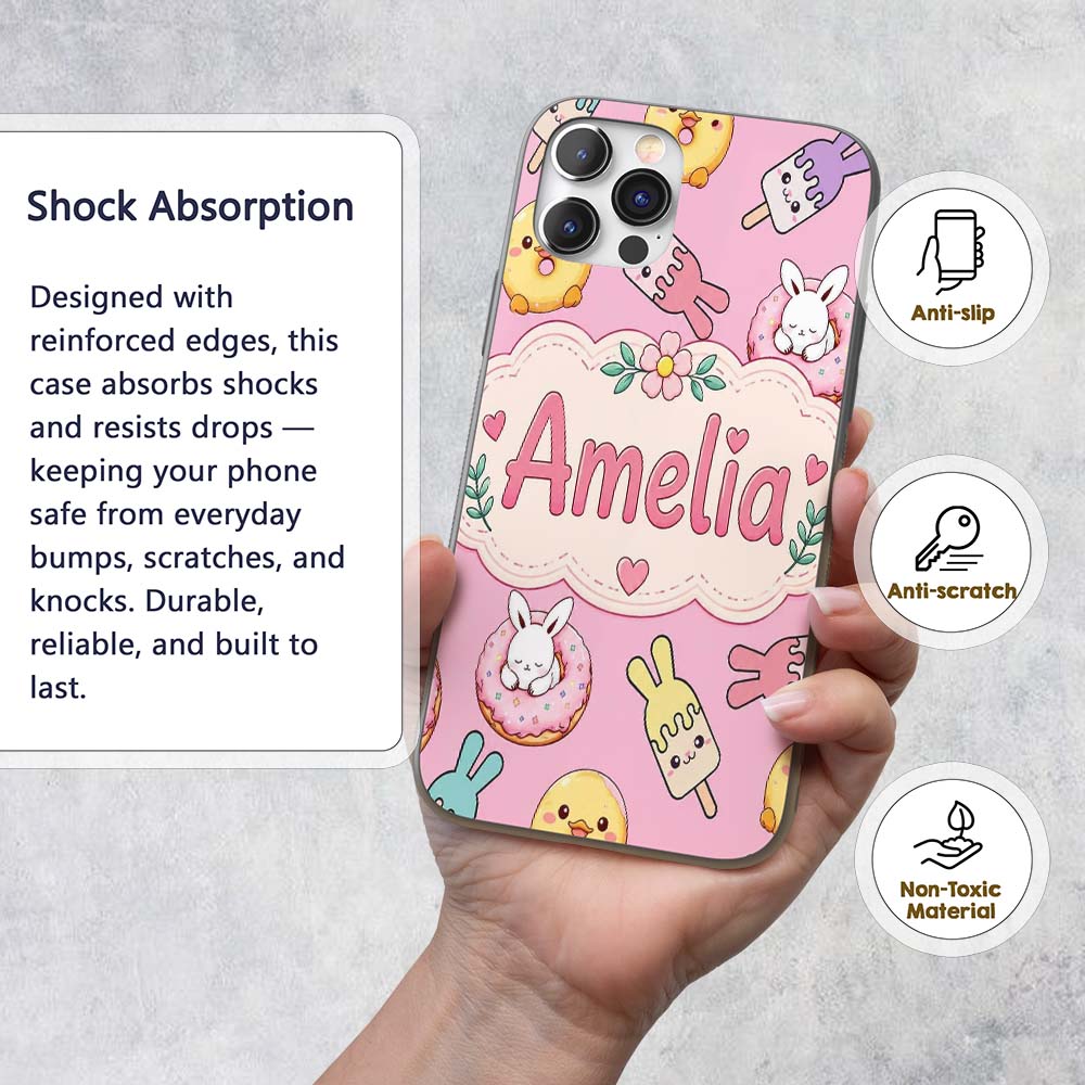 Cute Bunny Ice Cream Donut Chick Kawaii Seamless Custom Name Protective Phone Case Mobile Cover Durable Everyday Smartphone Shock Resistant