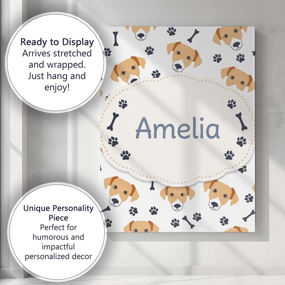 Personalised Name Cute Dog Faces Paw Prints Bones White Background Custom  Unique Canvas Wall Art Print Decor Picture Ready to Hang