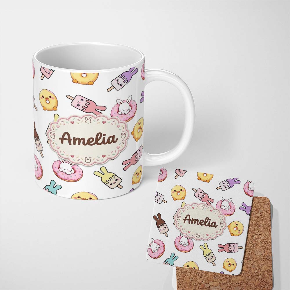Personalized Custom Name Cute Bunny Ice Cream Donut Chick Kawaii Seamless Pattern Grey 11oz Ceramic Coffee Tea Mug White Large Handle
