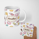 Personalized Custom Name Cute Bunny Ice Cream Donut Chick Kawaii Seamless Pattern Grey 11oz Ceramic Coffee Tea Mug White Large Handle