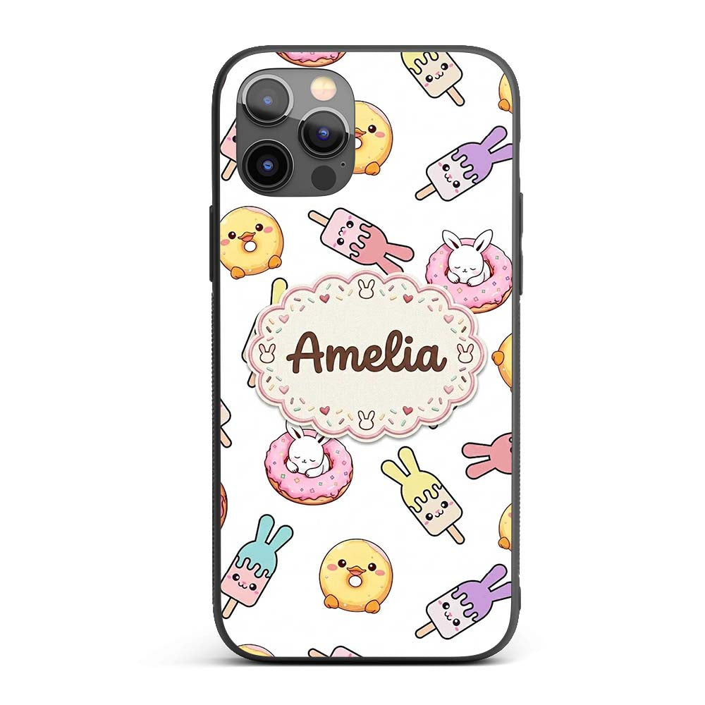 Cute Bunny Ice Cream Donut Chick Kawaii Seamless Custom Name Protective Phone Case Mobile Cover Durable Everyday Smartphone Shock Resistant