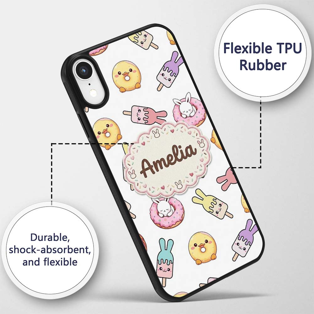 Cute Bunny Ice Cream Donut Chick Kawaii Seamless Custom Name Protective Phone Case Mobile Cover Durable Everyday Smartphone Shock Resistant