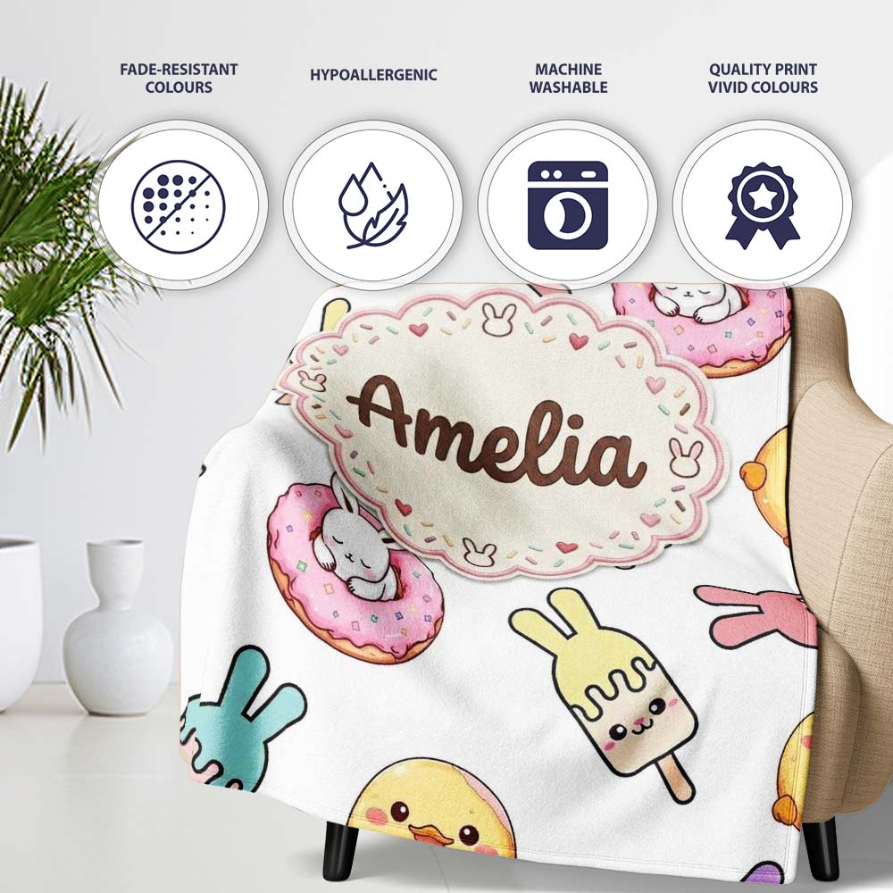 Cute Bunny Ice Cream Donut Chick Kawaii Seamless Pattern Grey  Personalised Custom Name Super Soft Fleece Blanket Bed Sofa Throw