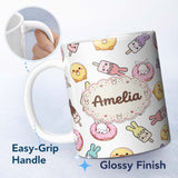 Personalized Custom Name Cute Bunny Ice Cream Donut Chick Kawaii Seamless Pattern Grey 11oz Ceramic Coffee Tea Mug White Large Handle
