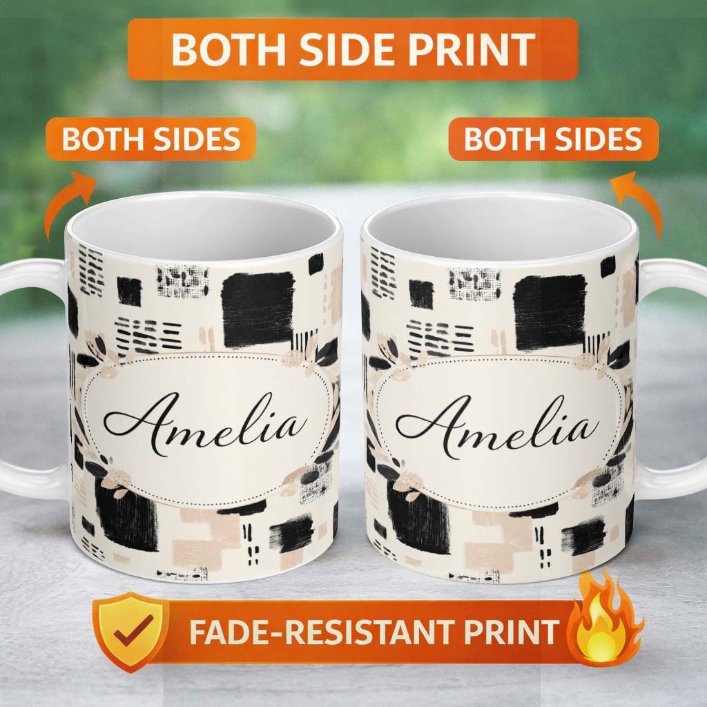 Personalized Custom Name Textured Brush Blocks Black Beige Artistic Abstract Pattern Lovely 11oz Ceramic Coffee Tea Mug White Large Handle
