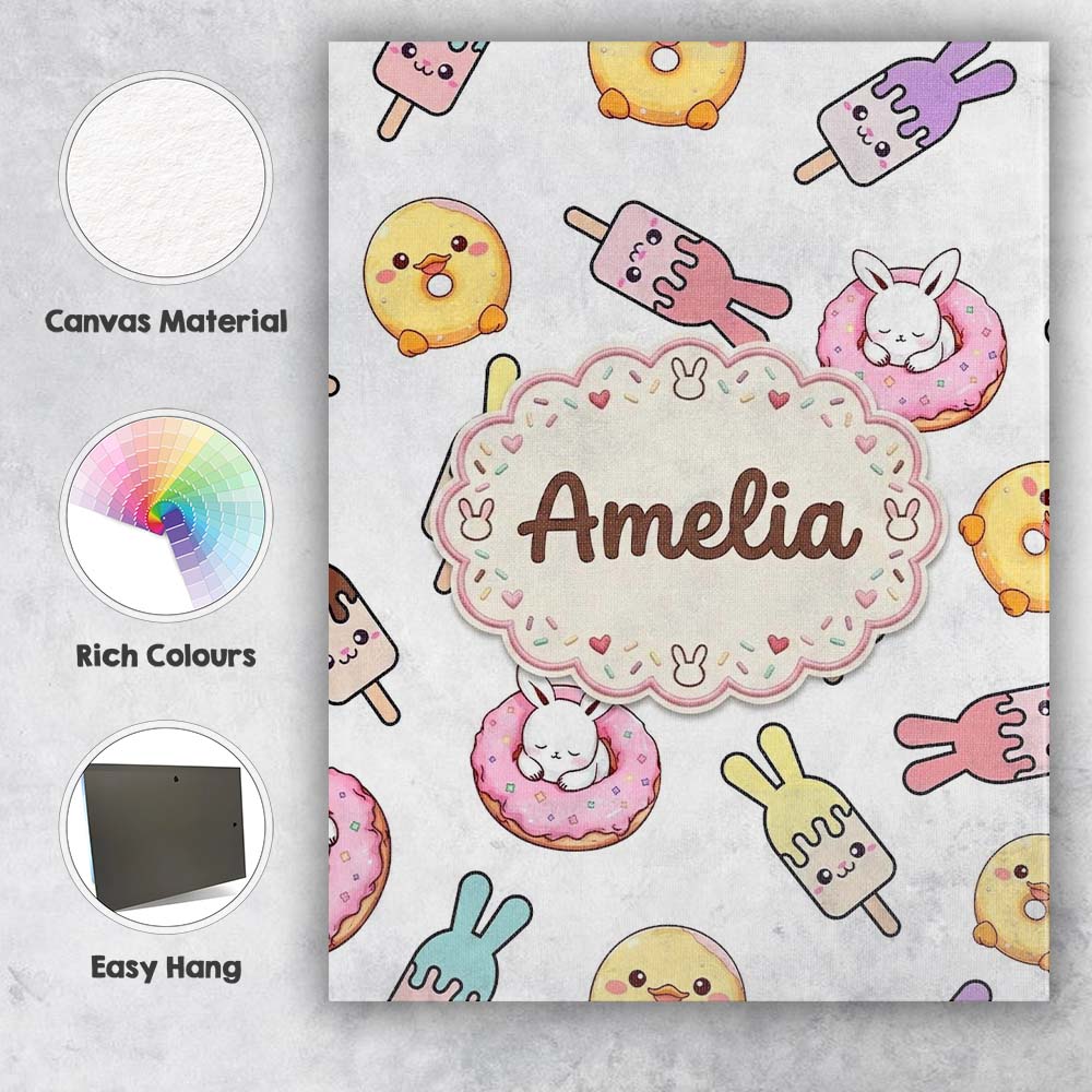 Personalised Name Cute Bunny Ice Cream Custom  Modern Room Accent Elegant Feature Canvas Wall Art Print Decor Picture Ready to Hang