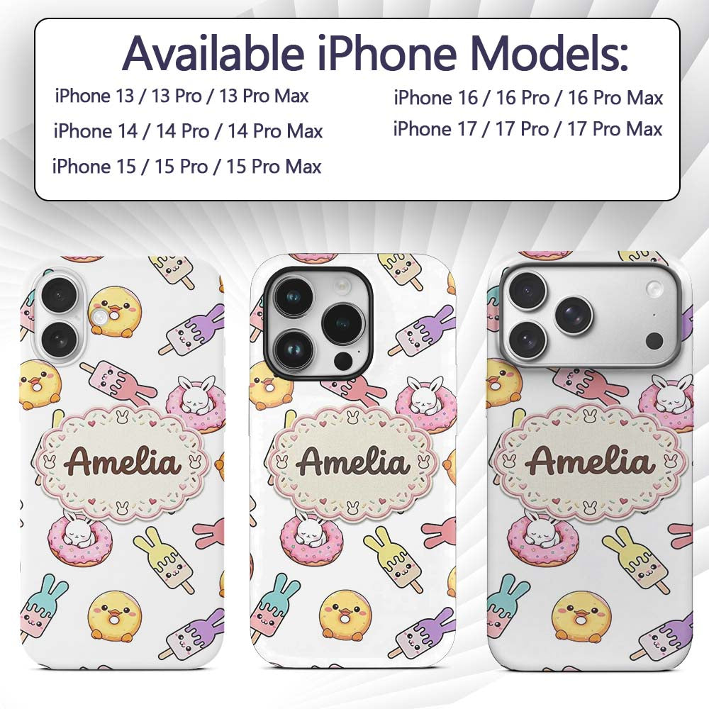 Cute Bunny Ice Cream Donut Chick Kawaii Seamless Custom Name Protective Phone Case Mobile Cover Durable Everyday Smartphone Shock Resistant