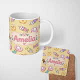 Personalized Custom Name Cute Bunny Donut Ice Cream Kawaii Dessert Seamless Pattern Yellow 11oz Ceramic Coffee Tea Mug White Large Handle
