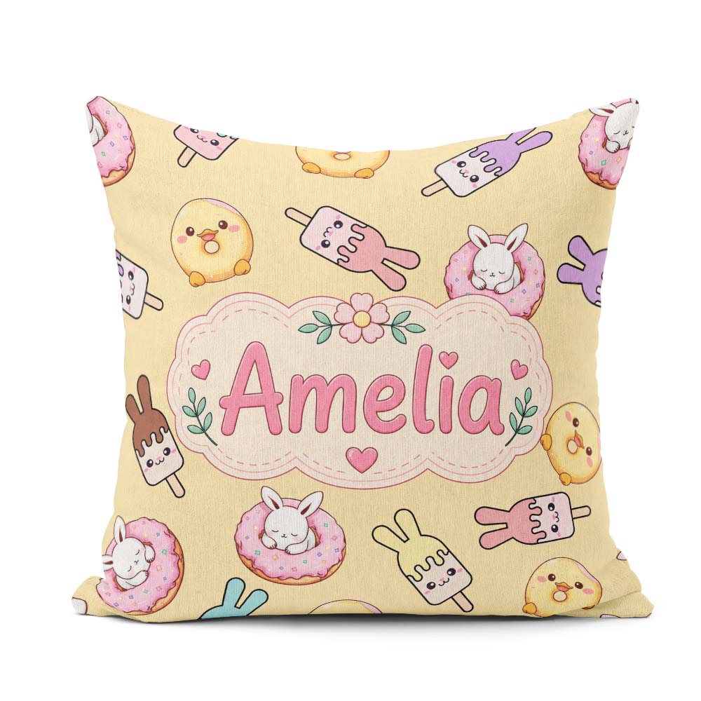 Custom Name Bunny Donut Ice Cream Kawaii Dessert Seamless Yellow Square Filled Cushion Throw Pillow Sofa Bed Home Decor Zip Washable UK Made