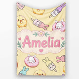 Cute Bunny Donut Ice Cream Kawaii Dessert Seamless Pattern Yellow  Personalised Custom Name Super Soft Fleece Blanket Bed Sofa Throw