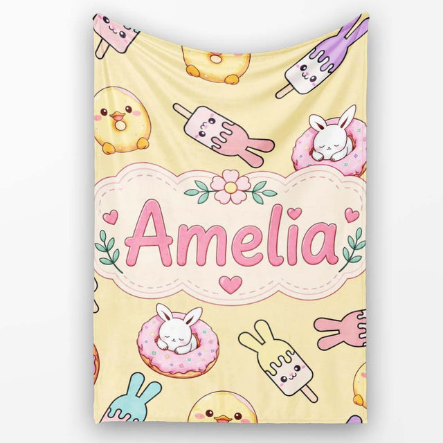 Cute Bunny Donut Ice Cream Kawaii Dessert Seamless Pattern Yellow  Personalised Custom Name Super Soft Fleece Blanket Bed Sofa Throw