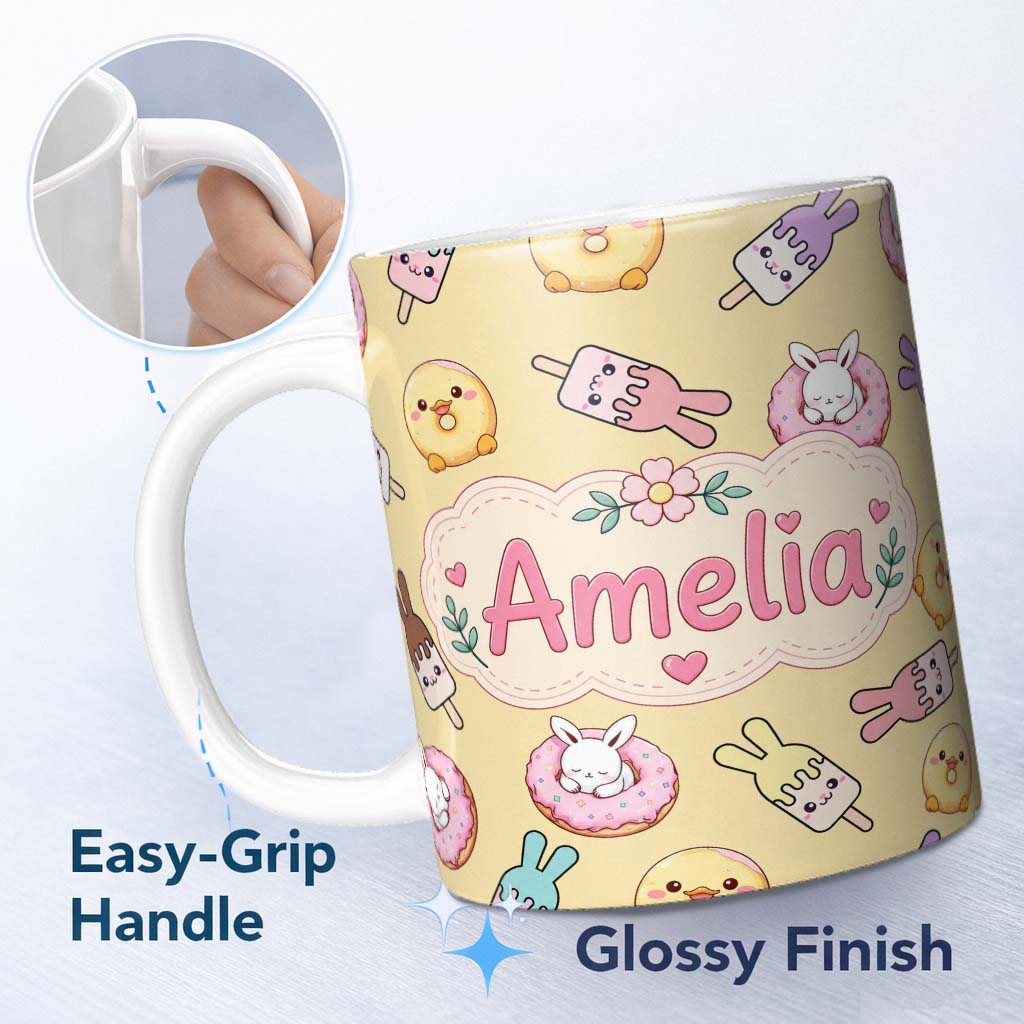 Personalized Custom Name Cute Bunny Donut Ice Cream Kawaii Dessert Seamless Pattern Yellow 11oz Ceramic Coffee Tea Mug White Large Handle
