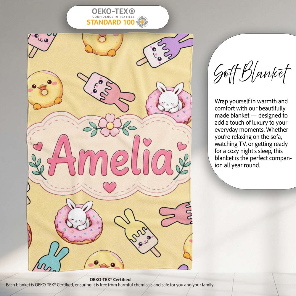 Cute Bunny Donut Ice Cream Kawaii Dessert Seamless Pattern Yellow  Personalised Custom Name Super Soft Fleece Blanket Bed Sofa Throw