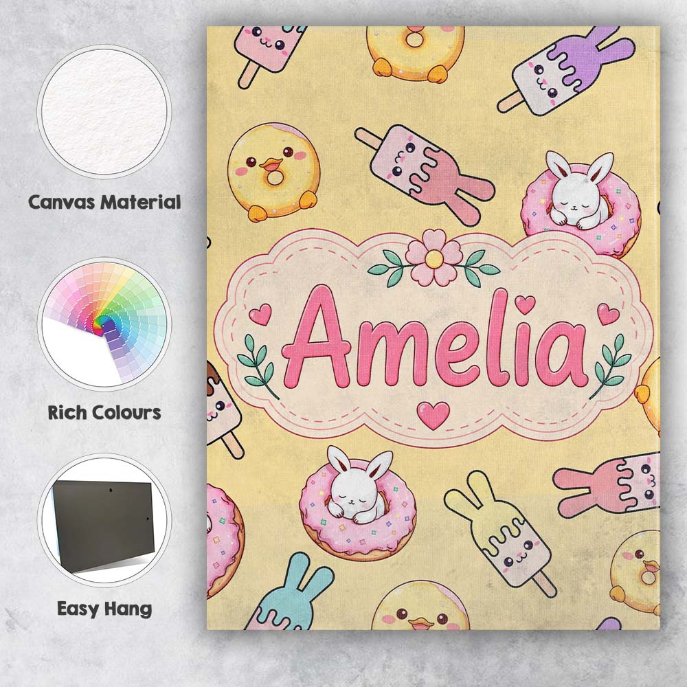 Personalised Name Cute Bunny Donut Ice Custom  Modern Room Accent Elegant Feature Canvas Wall Art Print Decor Picture Ready to Hang