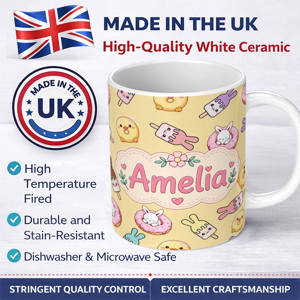 Personalized Custom Name Cute Bunny Donut Ice Cream Kawaii Dessert Seamless Pattern Yellow 11oz Ceramic Coffee Tea Mug White Large Handle
