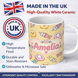 Personalized Custom Name Cute Bunny Donut Ice Cream Kawaii Dessert Seamless Pattern Yellow 11oz Ceramic Coffee Tea Mug White Large Handle