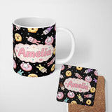 Personalized Custom Name Cute Bunny Donut Ice Cream Kawaii Dessert Seamless Pattern Black 11oz Ceramic Coffee Tea Mug White Large Handle