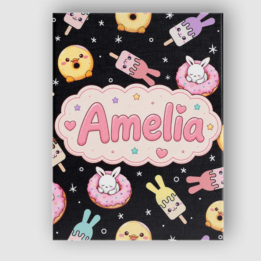 Personalised Name Cute Bunny Donut Ice Custom  Modern Room Accent Elegant Feature Canvas Wall Art Print Decor Picture Ready to Hang