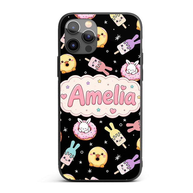 Cute Bunny Donut Ice Cream Kawaii Printed Design Custom Name Protective Phone Case Mobile Cover Durable Everyday Smartphone Shock Resistant