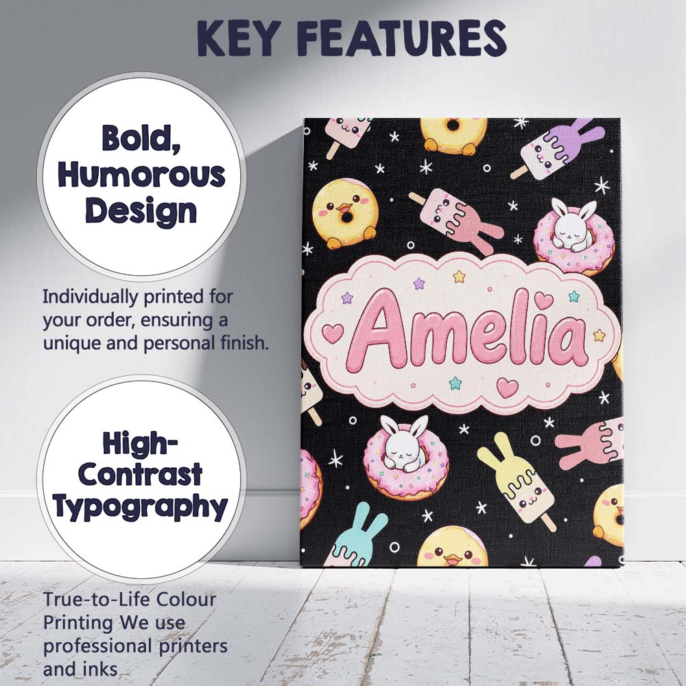 Personalised Name Cute Bunny Donut Ice Custom  Modern Room Accent Elegant Feature Canvas Wall Art Print Decor Picture Ready to Hang