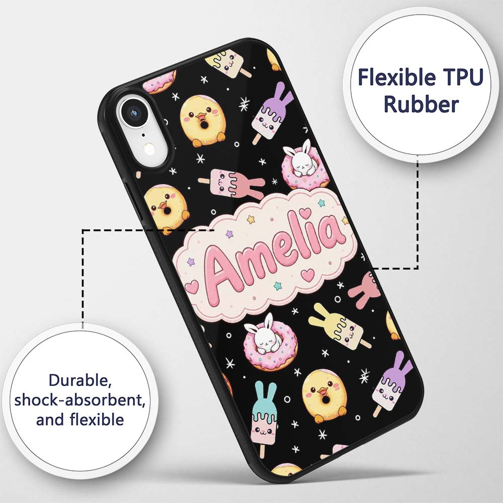Cute Bunny Donut Ice Cream Kawaii Printed Design Custom Name Protective Phone Case Mobile Cover Durable Everyday Smartphone Shock Resistant