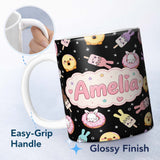 Personalized Custom Name Cute Bunny Donut Ice Cream Kawaii Dessert Seamless Pattern Black 11oz Ceramic Coffee Tea Mug White Large Handle