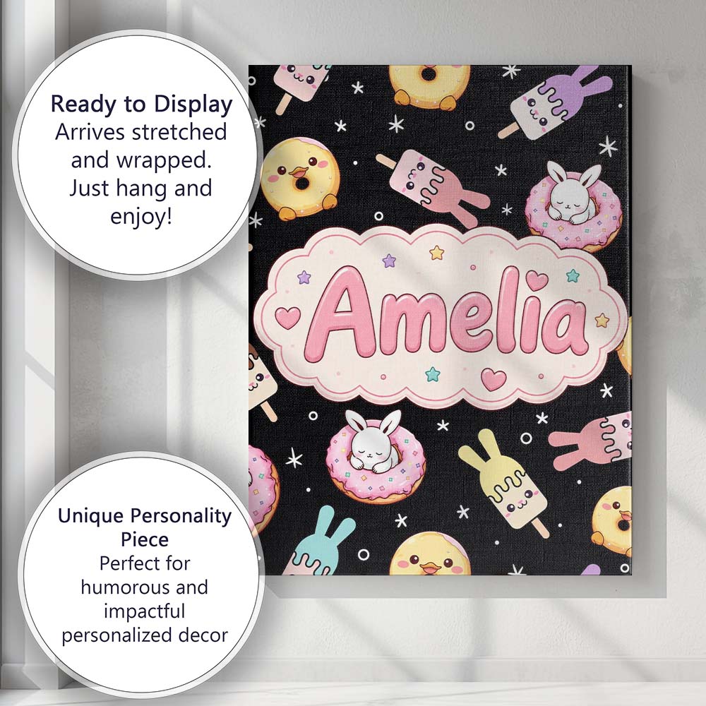 Personalised Name Cute Bunny Donut Ice Custom  Modern Room Accent Elegant Feature Canvas Wall Art Print Decor Picture Ready to Hang