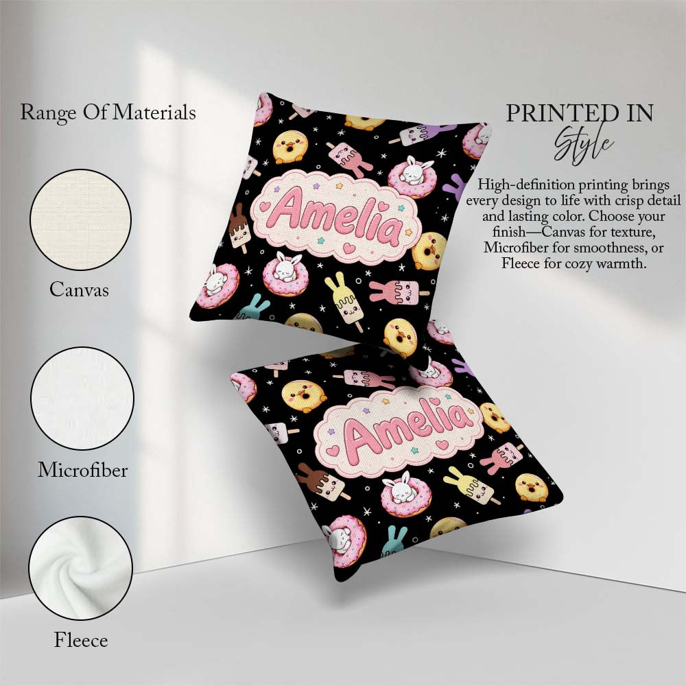 Custom Name Bunny Donut Ice Cream Dessert Seamless Pattern Black Square Filled Cushion Throw Pillow Sofa Bed Home Decor Zip Washable UK Made