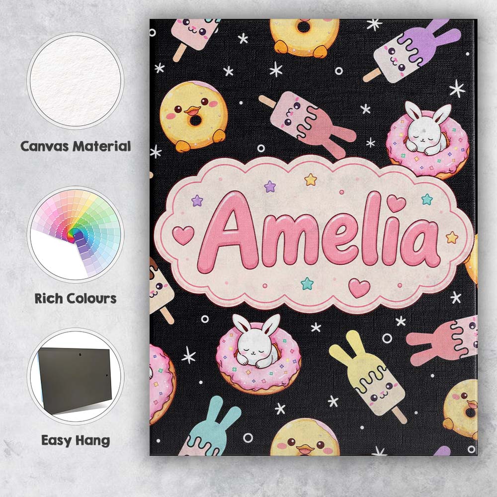 Personalised Name Cute Bunny Donut Ice Custom  Modern Room Accent Elegant Feature Canvas Wall Art Print Decor Picture Ready to Hang