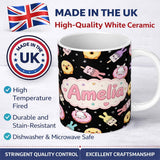 Personalized Custom Name Cute Bunny Donut Ice Cream Kawaii Dessert Seamless Pattern Black 11oz Ceramic Coffee Tea Mug White Large Handle