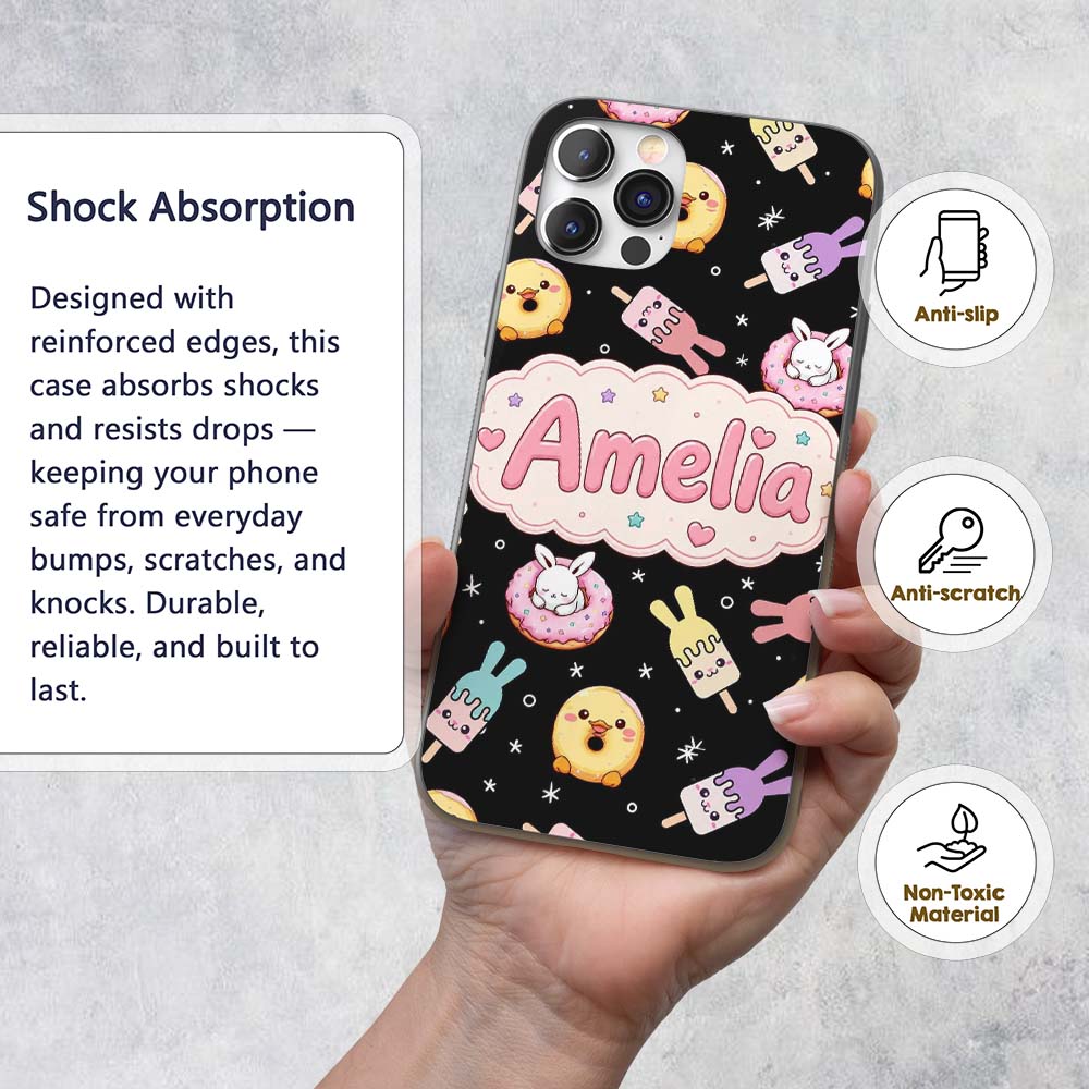 Cute Bunny Donut Ice Cream Kawaii Printed Design Custom Name Protective Phone Case Mobile Cover Durable Everyday Smartphone Shock Resistant