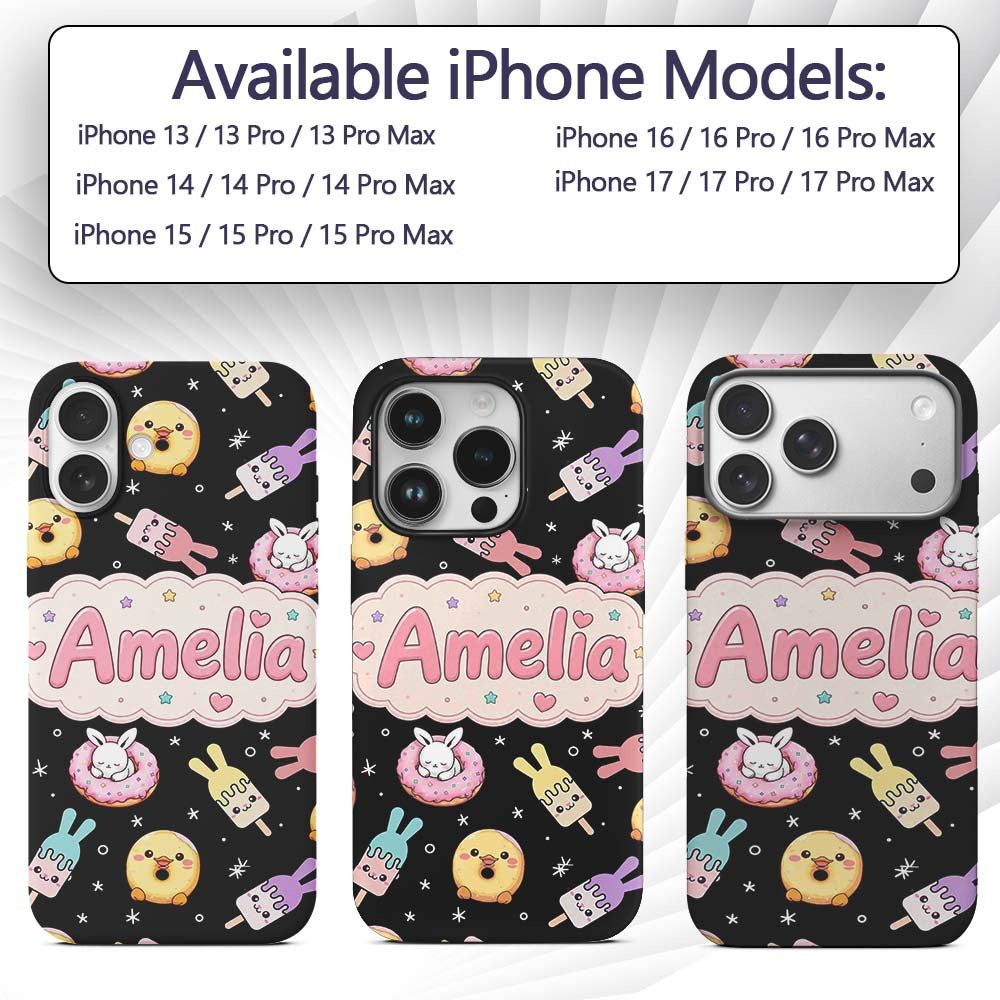 Cute Bunny Donut Ice Cream Kawaii Printed Design Custom Name Protective Phone Case Mobile Cover Durable Everyday Smartphone Shock Resistant
