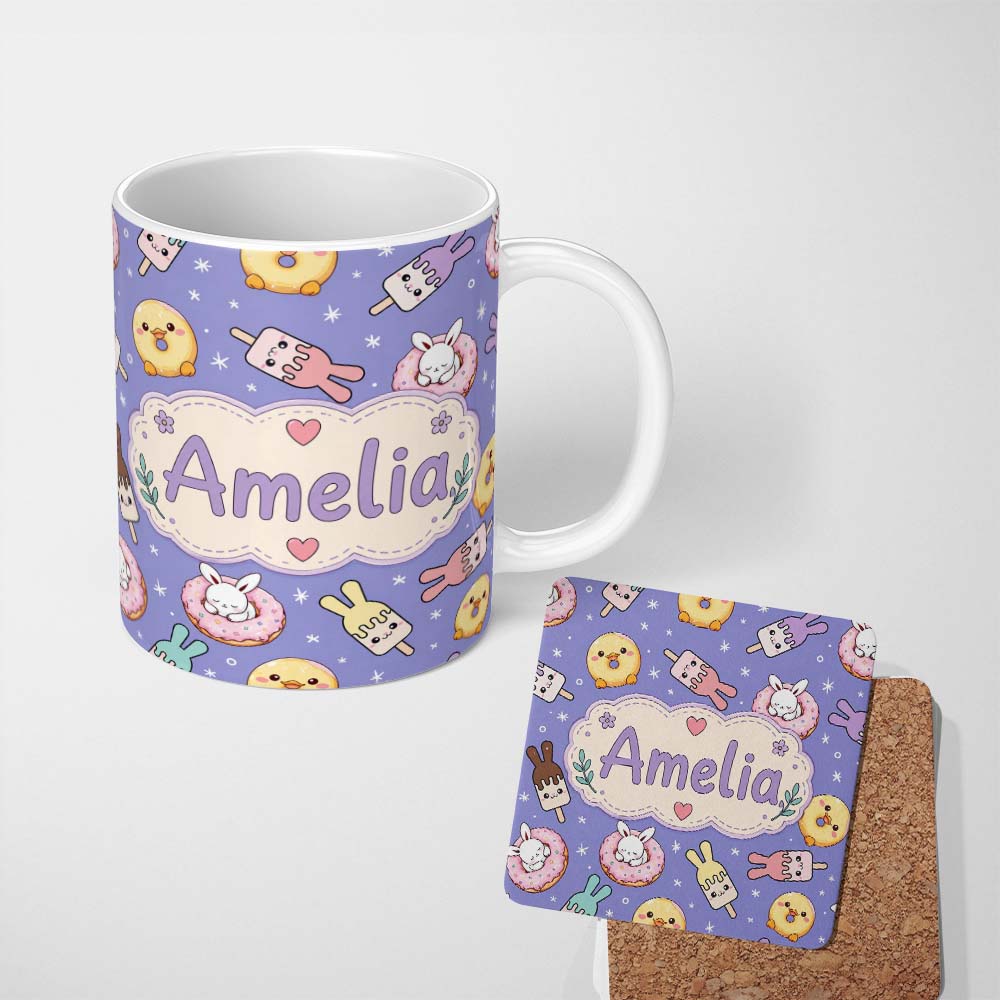 Personalized Custom Name Cute Bunny Donut Ice Cream Kawaii Dessert Seamless Pattern Purple 11oz Ceramic Coffee Tea Mug White Large Handle