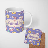 Personalized Custom Name Cute Bunny Donut Ice Cream Kawaii Dessert Seamless Pattern Purple 11oz Ceramic Coffee Tea Mug White Large Handle
