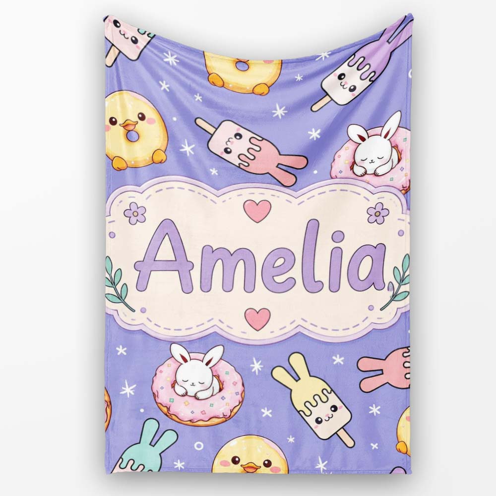 Cute Bunny Donut Ice Cream Kawaii Dessert Seamless Pattern Purple  Personalised Custom Name Super Soft Fleece Blanket Bed Sofa Throw