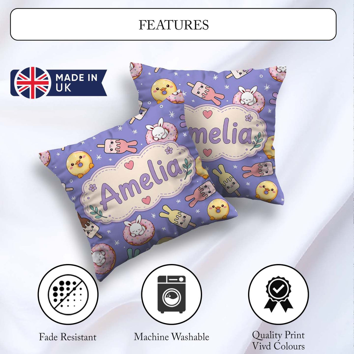 Custom Name Bunny Donut Ice Cream Kawaii Dessert Seamless Purple Square Filled Cushion Throw Pillow Sofa Bed Home Decor Zip Washable UK Made