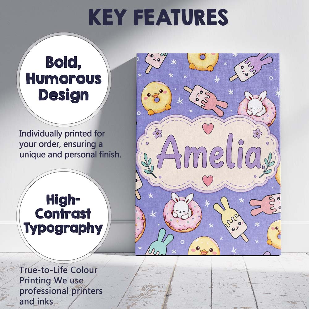 Personalised Name Cute Bunny Donut Ice Custom  Modern Room Accent Elegant Feature Canvas Wall Art Print Decor Picture Ready to Hang