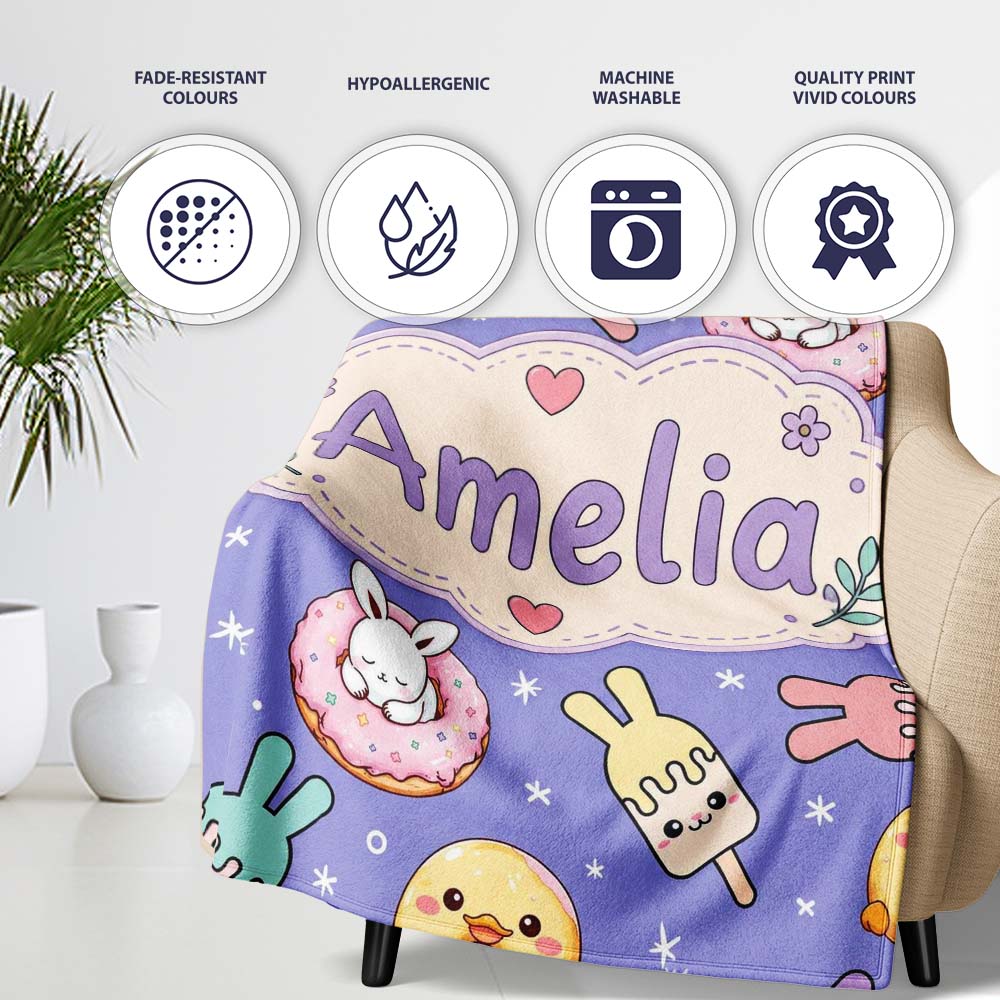 Cute Bunny Donut Ice Cream Kawaii Dessert Seamless Pattern Purple  Personalised Custom Name Super Soft Fleece Blanket Bed Sofa Throw